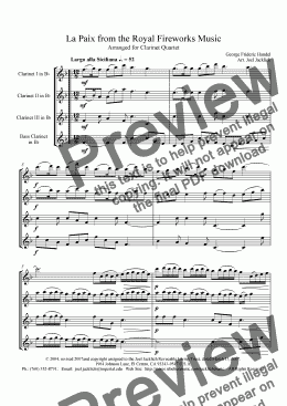 page one of Royal Fireworks Music, La Paix (Clarinet Quartet)