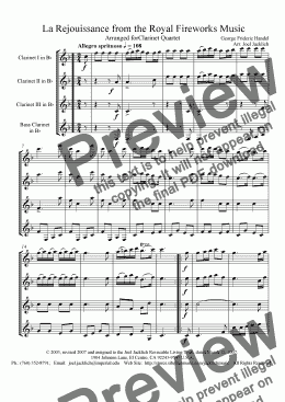 page one of Royal Fireworks Music, La Rejouissance (Clarinet Quartet)