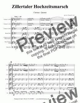 page one of Zillertaler Hochzeitsmarsch - October Fest - Clarinet Quintet - F - Score and parts