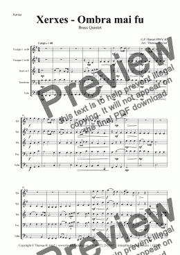 page one of Xerxes Largo - Ombra mai fu - Brass Quintet - F - Score and parts