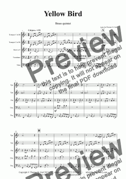 page one of Yellow Bird - Haitian Folk Song Calypso - Brass Quintet - Score and parts