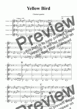 page one of Yellow Bird - Haitian Folk Song Calypso - Clarinet Quartet - Score and parts