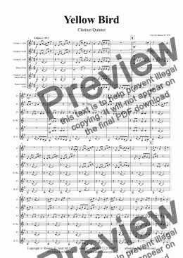 page one of Yellow Bird - Haitian Folk Song Calypso - Clarinet Quintet - Score and parts