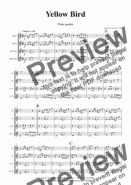 page one of Yellow Bird - Haitian Folk Song Calypso - Flute Quartet - Score and parts