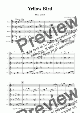 page one of Yellow Bird - Haitian Folk Song Calypso - Flute Quintet - Score and parts
