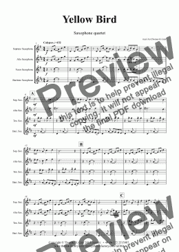 page one of Yellow Bird - Haitian Folk Song Calypso - Saxophone Quartet - Score and parts
