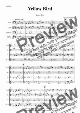 page one of Yellow Bird - Haitian Folk Song Calypso - String Trio - Score and parts
