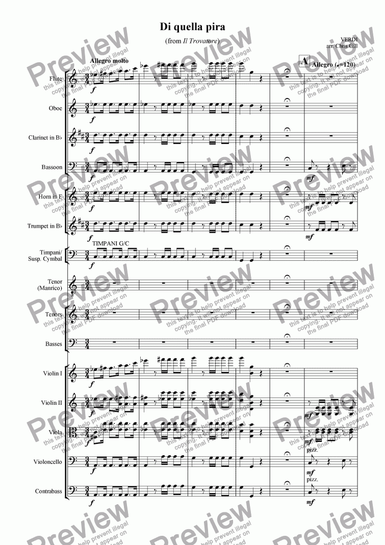 page one of Di quella pira (from Il Trovatore) arranged for tenor, male chorus and small orchestra