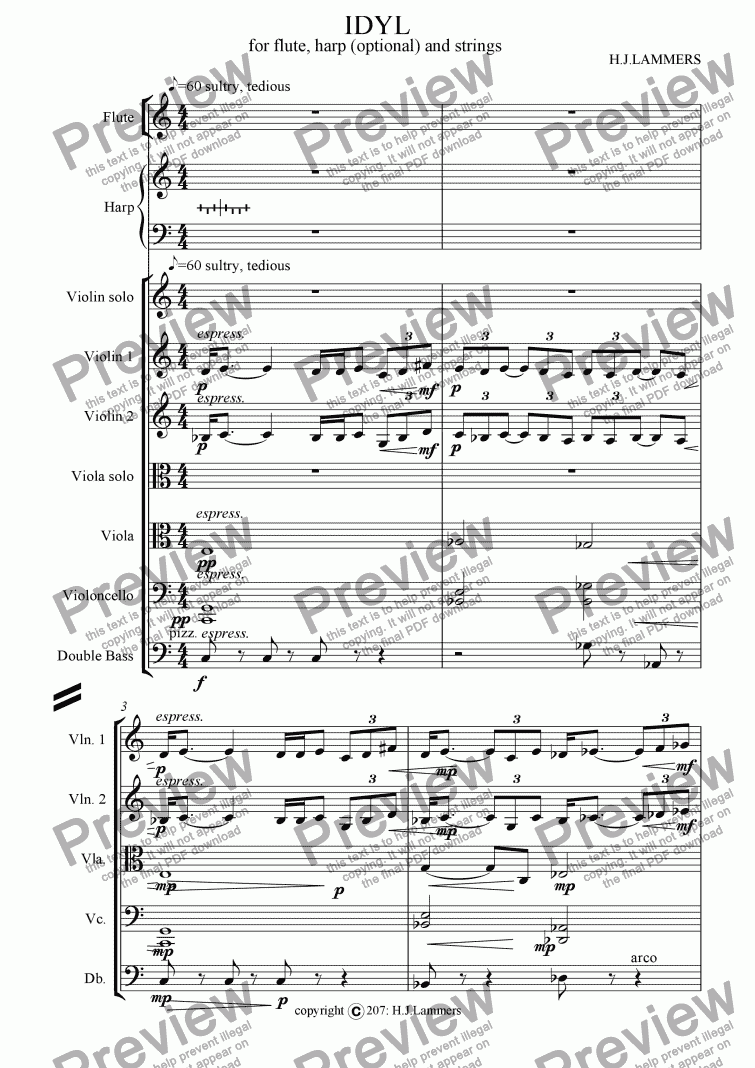 page one of Idyl for flute,harp(optional)and strings