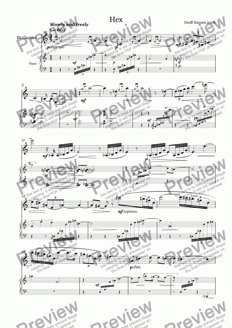 page one of Hex (for clarinet and piano)