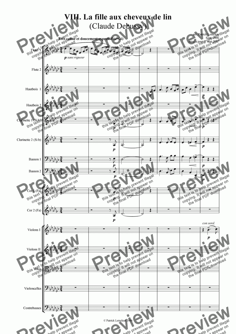 page one of Debussy: la fille aux cheveux de lin (symphonic orchestra)