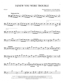 page one of I Knew You Were Trouble (Cello Solo)