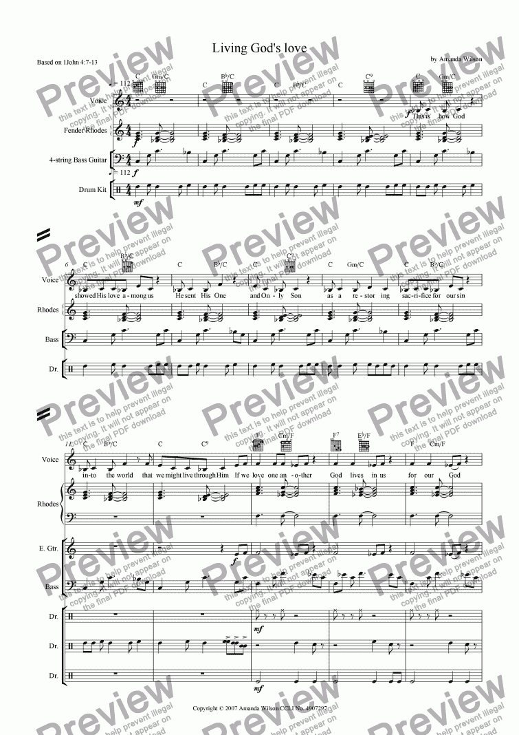 page one of Living God's love (guitar/band)