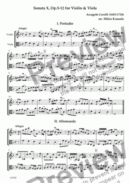 page one of Sonata X, Op.5-12 for Violin & Viola