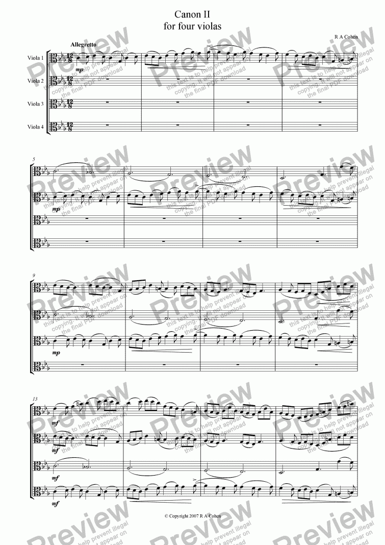 page one of CANON II - for viola quartet