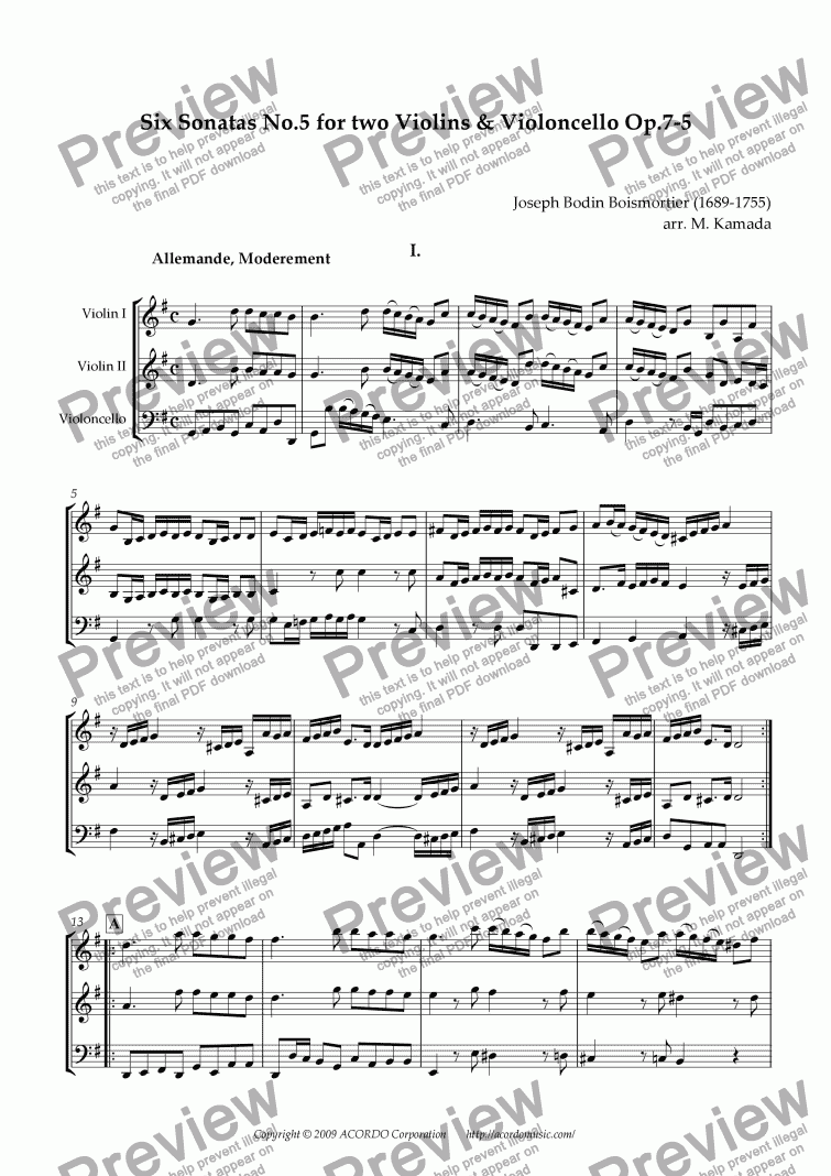 page one of Six Sonatas No.5 for two Violins & Cello Op.7-5