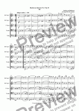 page one of Beethoven - Quartet No 1 Op 18 - Mvt 3 for Brass Quintet