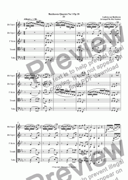 page one of Beethoven - Quartet No 1 Op 18 - Mvt 4 for Brass Quintet