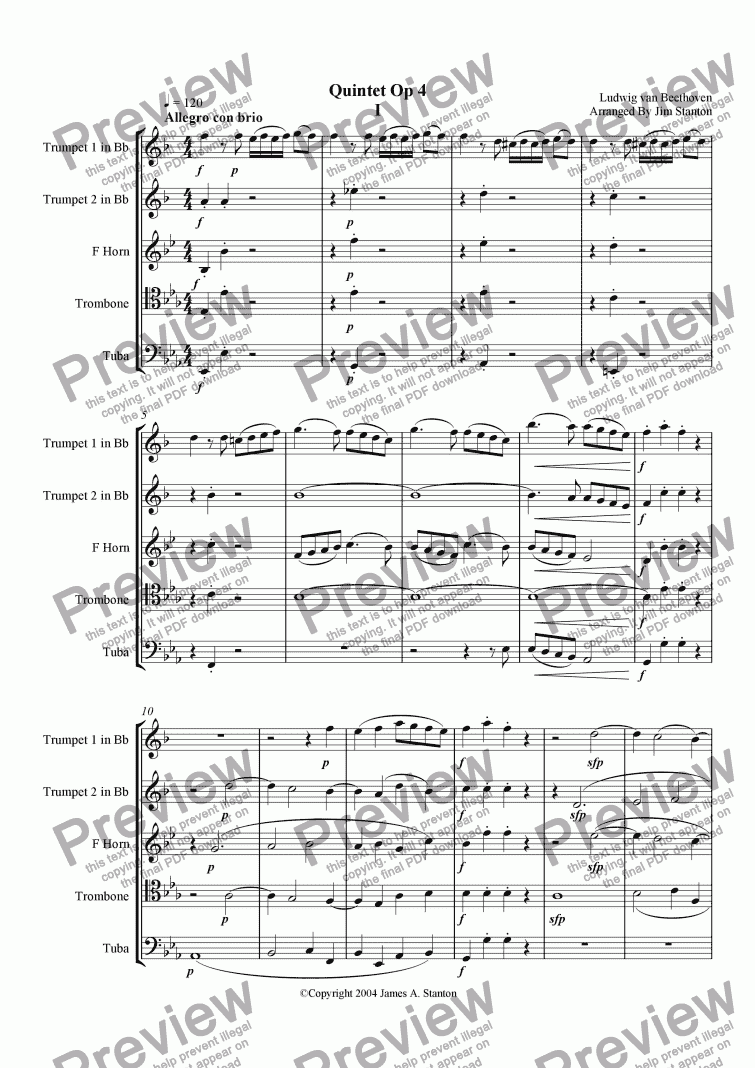 page one of Beethoven - Quintet Op 4 - Mvt 1 for Brass Quintet