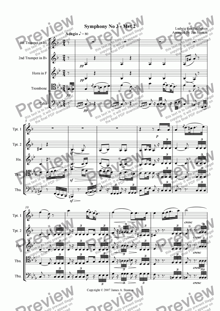 page one of Beethoven - Symphony No 3 - Mvt 2 for Brass Quintet