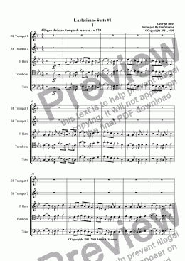 page one of Bizet - L'Arlesienne Suite No 1 - 4 Mvts for Brass Quintet