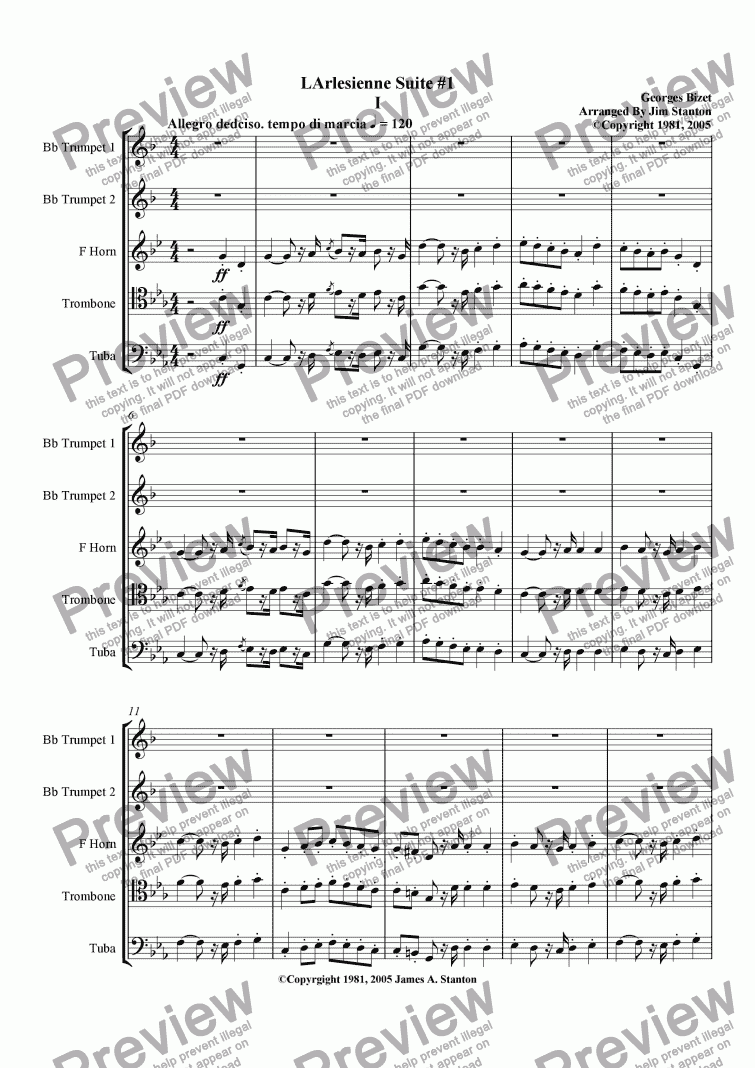 page one of Bizet - L'Arlesienne Suite No 1 - 4 Mvts for Brass Quintet