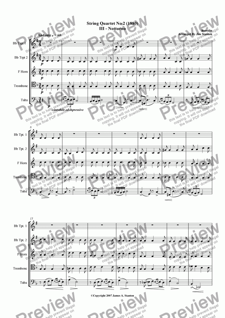 page one of Borodin String Quartet No 2 Mvt 3 for Brass Quintet