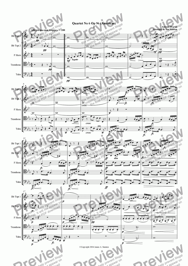 page one of Dvorak Quartet No 6 (American) Mvt 1 for Brass Quintet