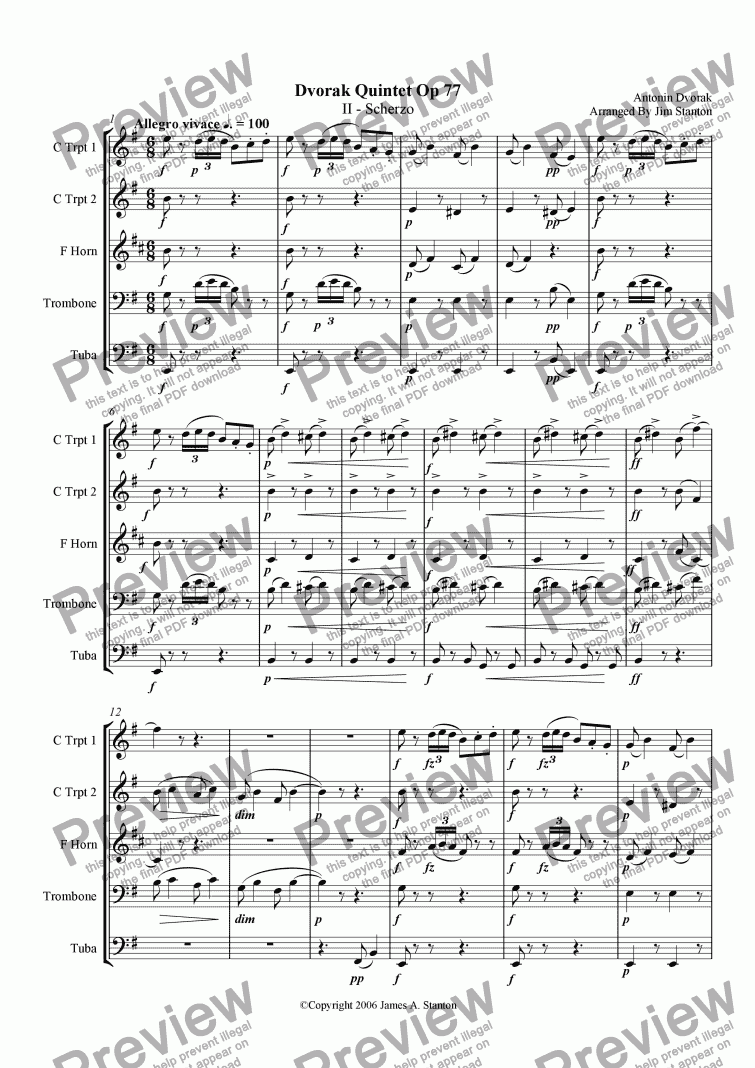 page one of Dvorak Quintet Opus 77 Mvt 2 for Brass Quintet