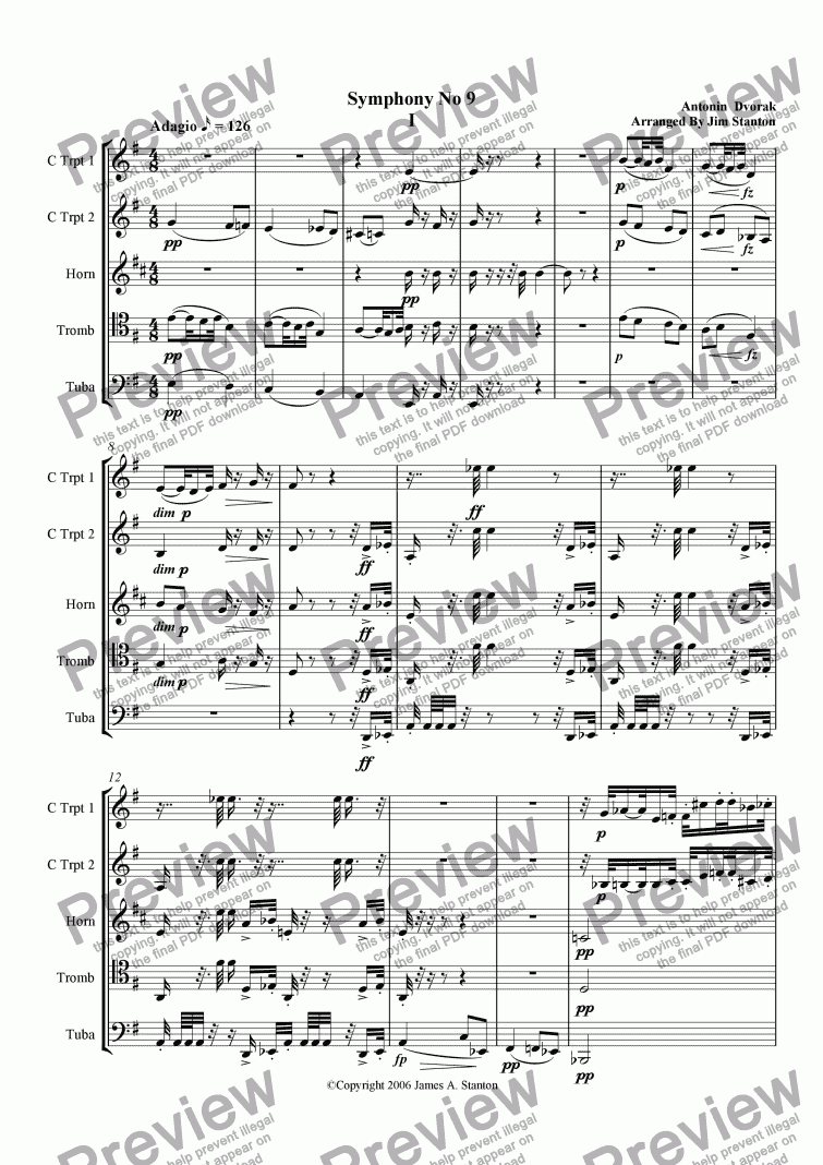 page one of Dvorak Symphony No 9 Mvt 1 for Brass Quintet