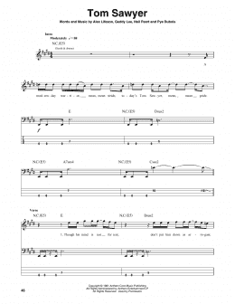 page one of Tom Sawyer (Bass Guitar Tab)