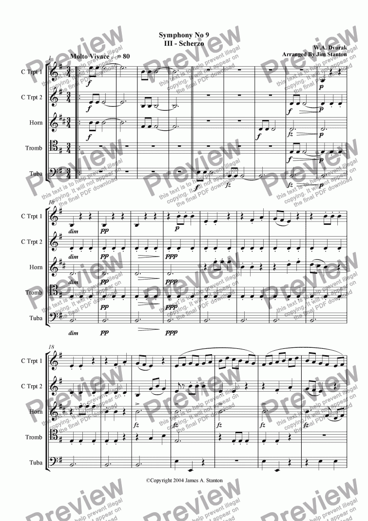 page one of Dvorak Symphony No 9 Mvt 3 for Brass Quintet