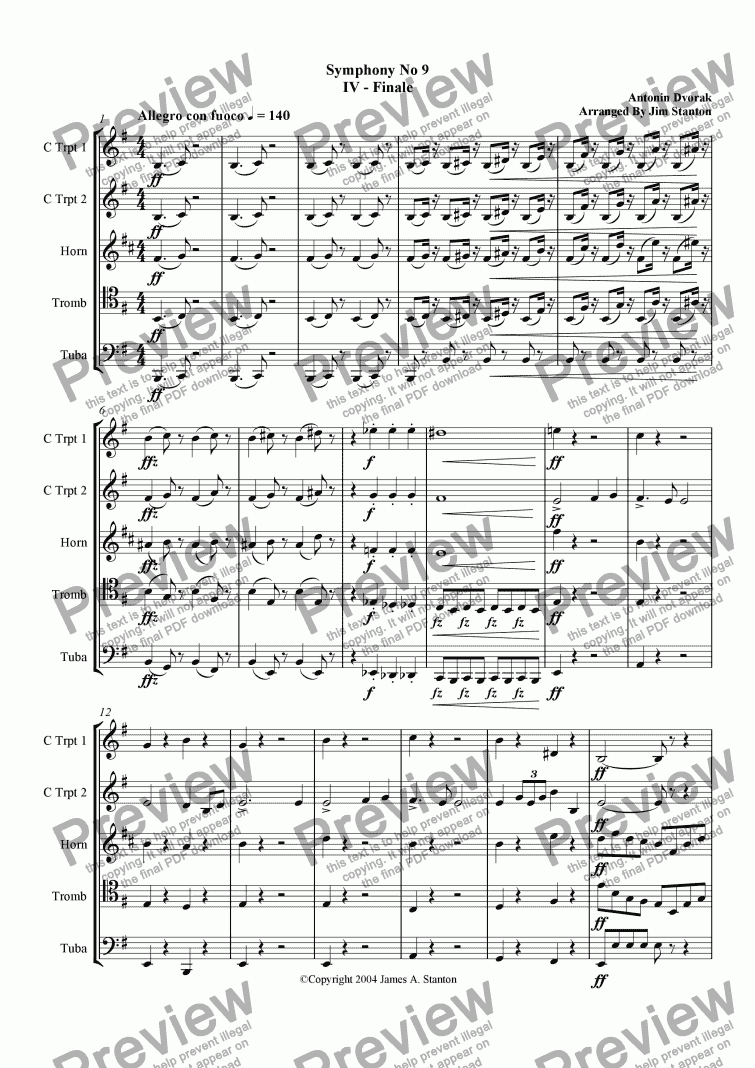 page one of Dvorak Symphony No 9 Mvt 4 for Brass Quintet