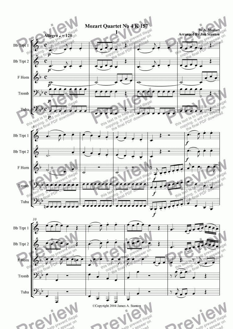 page one of Mozart Quartet No 04 K 157  for Brass Quintet