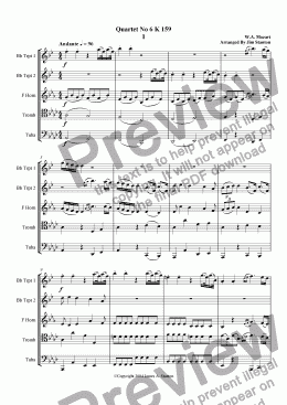 page one of Mozart Quartet No 06 K 159 for Brass Quintet