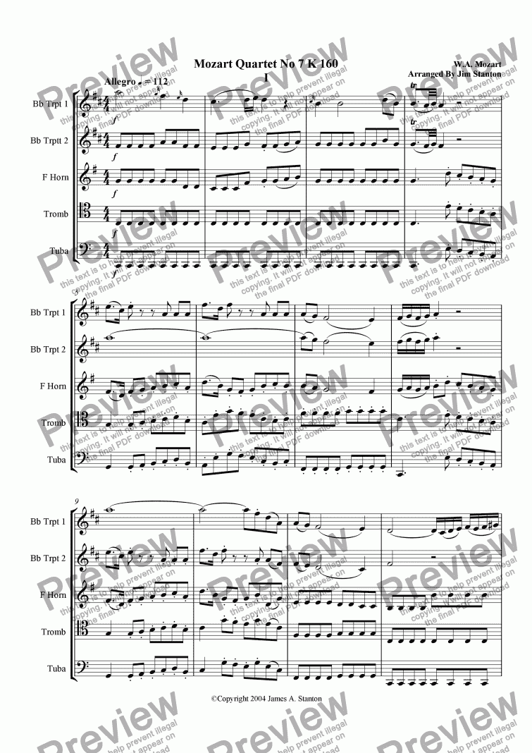 page one of Mozart Quartet No 07 K 160 for Brass Quintet