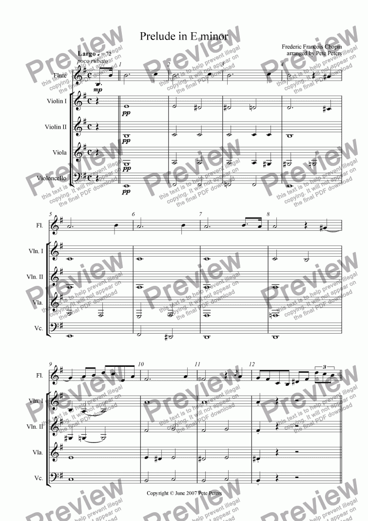 page one of Prelude in E minor (Chopin) String 4tet+Flute