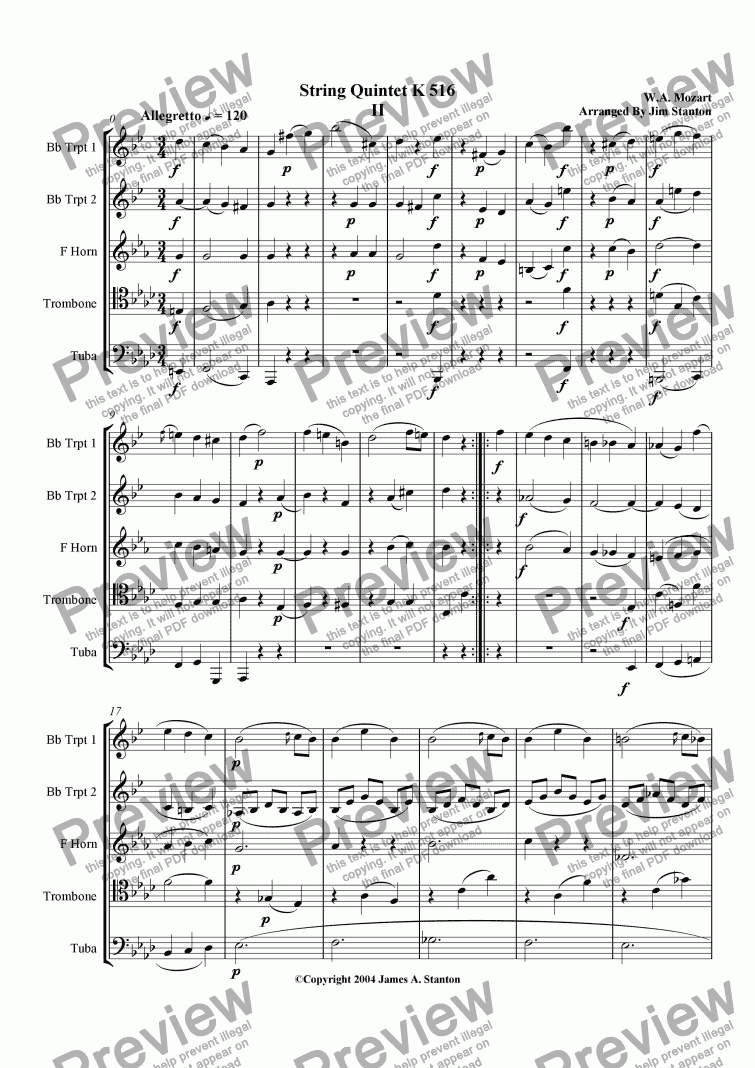 page one of Mozart Quintet K 516 Mvt 2 for Brass Quintet