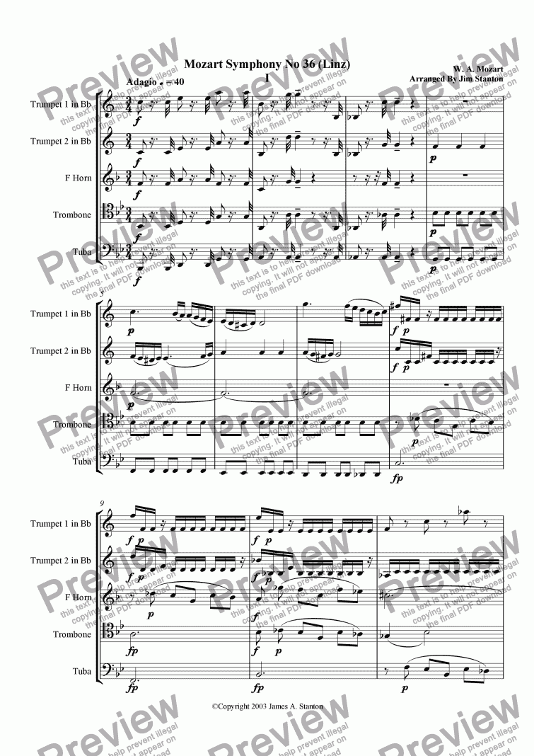 page one of Mozart Symphony No 36 Mvt 1 for Brass Quintet