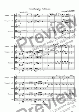 page one of Mozart Symphony No 36 Mvt 4 for Brass Quintet