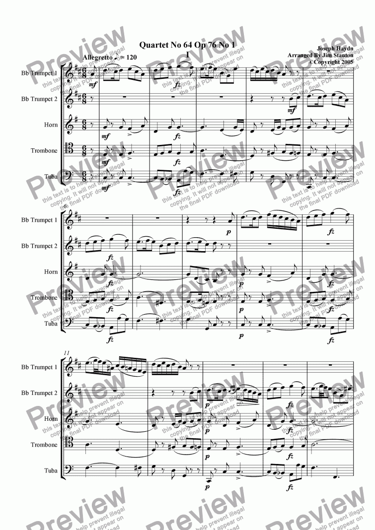 page one of Haydn Quartet No 64 for Brass Quintet