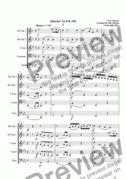 page one of Mozart Quartet No 08 K 168 for Brass Quintet