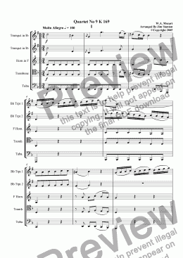 page one of Mozart Quartet No 09 K 169 for Brass Quintet