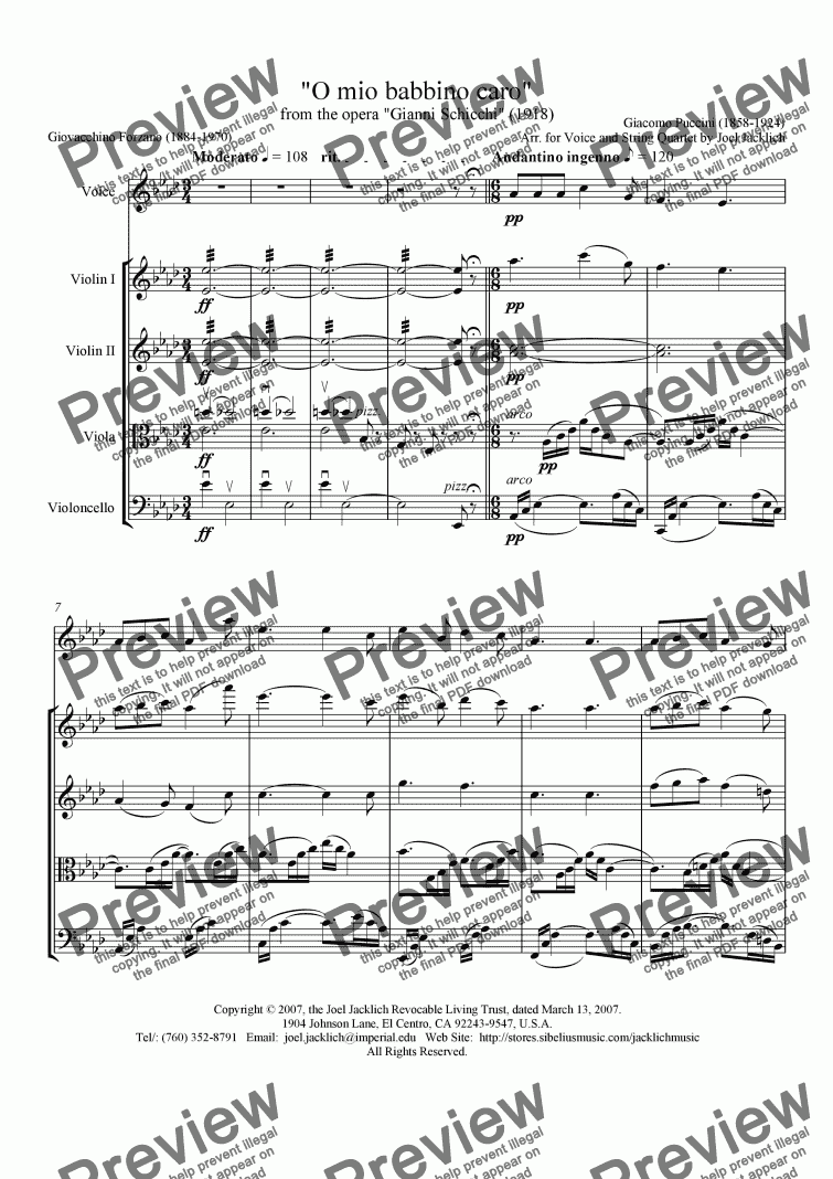 page one of O mio babbino caro (1918) (for wordless voice and string quartet)