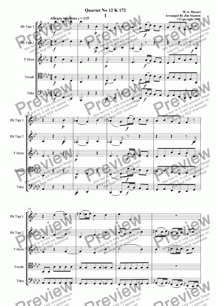 page one of Mozart - Quartet No 12 K 172 for Brass Quintet