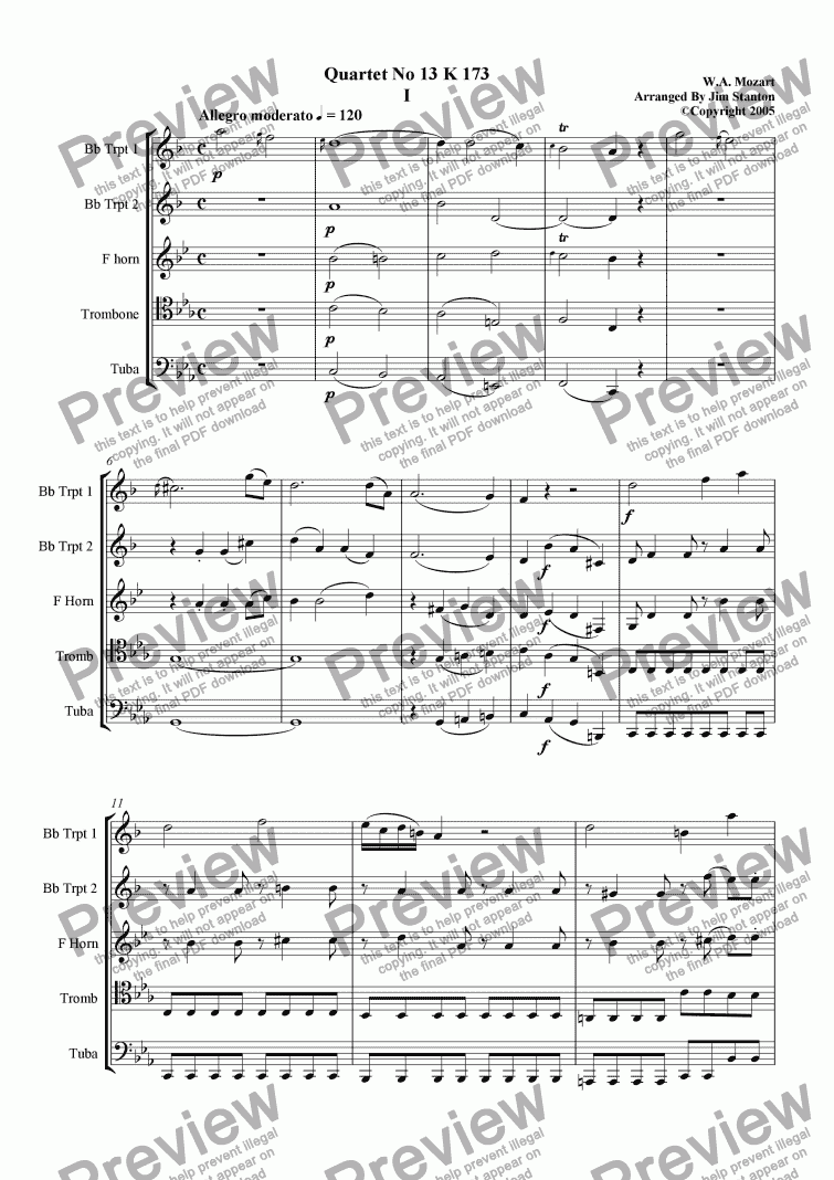 page one of Mozart Quartet No 13 K 173 for Brass Quintet