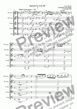 page one of Mozart Quartet No 14 K 387 for Brass Quintet