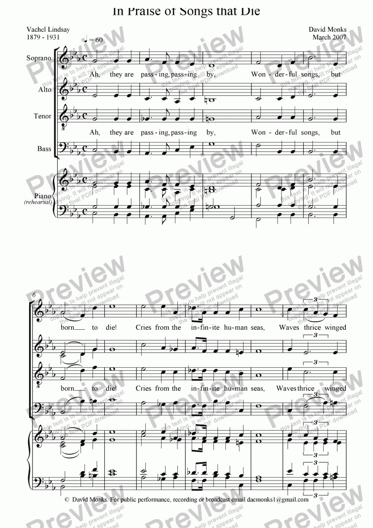 page one of In Praise of Songs that Die - SATB (Revised)