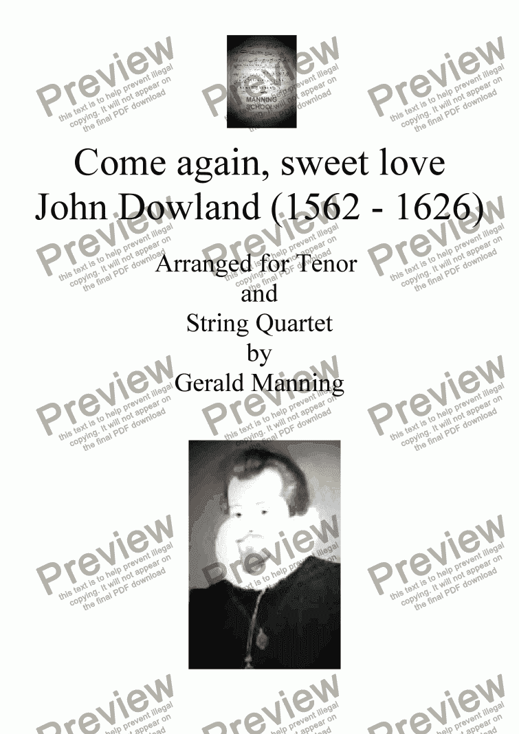 page one of English Song: Dowland, J - Come again, sweet love - arr. for Tenor & String Quartet by Gerald Manning