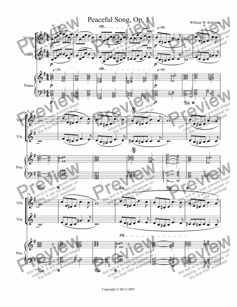 page one of Peaceful Song, Op. 5